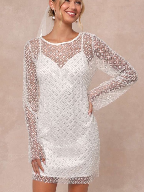 Lulus Dresses & Skirts - NWT Lulus Glowing Charisma White Sequin Pearl Mesh Long Sleeve Mini Dress